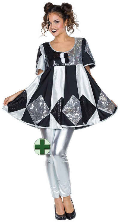 Karneval-Klamotten Clown-Kostüm Glitzer Pierrot Narren Kostüm Damen mit Leggings, Damenkostüm Clownstunika Kleid silber schwarz Leggings silber