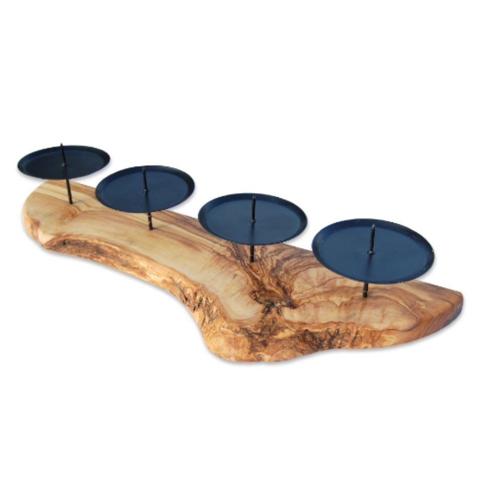 Olivenholz-erleben Kerzenständer ADVENT rustikal für 4 Kerzen, Olivenholz mit Metallteller als Halter (1 St), Sicherer Halt für Kerzen – rustikal und edel