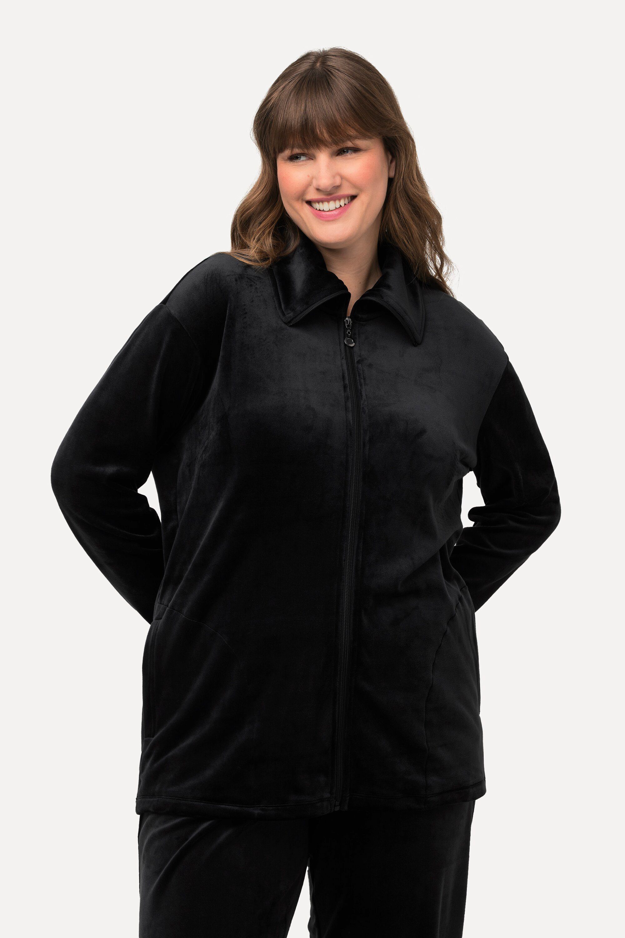 Ulla Popken Sweatjacke schwarz Nicki kuschelweich Stehkragen Homewear-Jacke