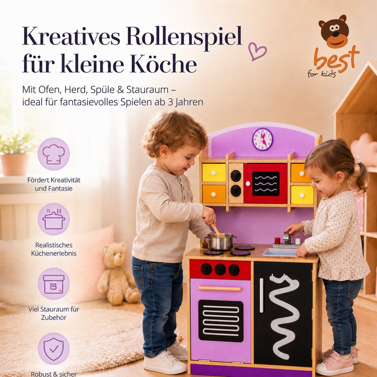 Best for Kids Spielküche Holzspielküche – Lila mit Ofen, Spüle & Herd Set für Kinder Holz, bewegliche Uhrzeiger, zusätzlicher Stauraum unter der Spüle