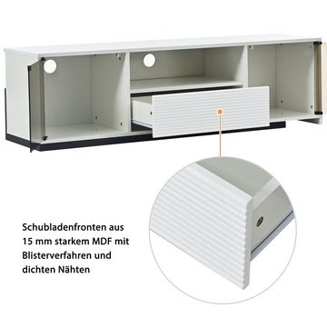 WISHDOR TV-Schrank TV-Ständer mit L ED-Beleuchtung (für einen 60-Zoll-Fernseher, marmorgeäderter Tischplatte und elegantem Glasdesign) Mit 2 Türen, 1 Schublade und 1 offenem Fach