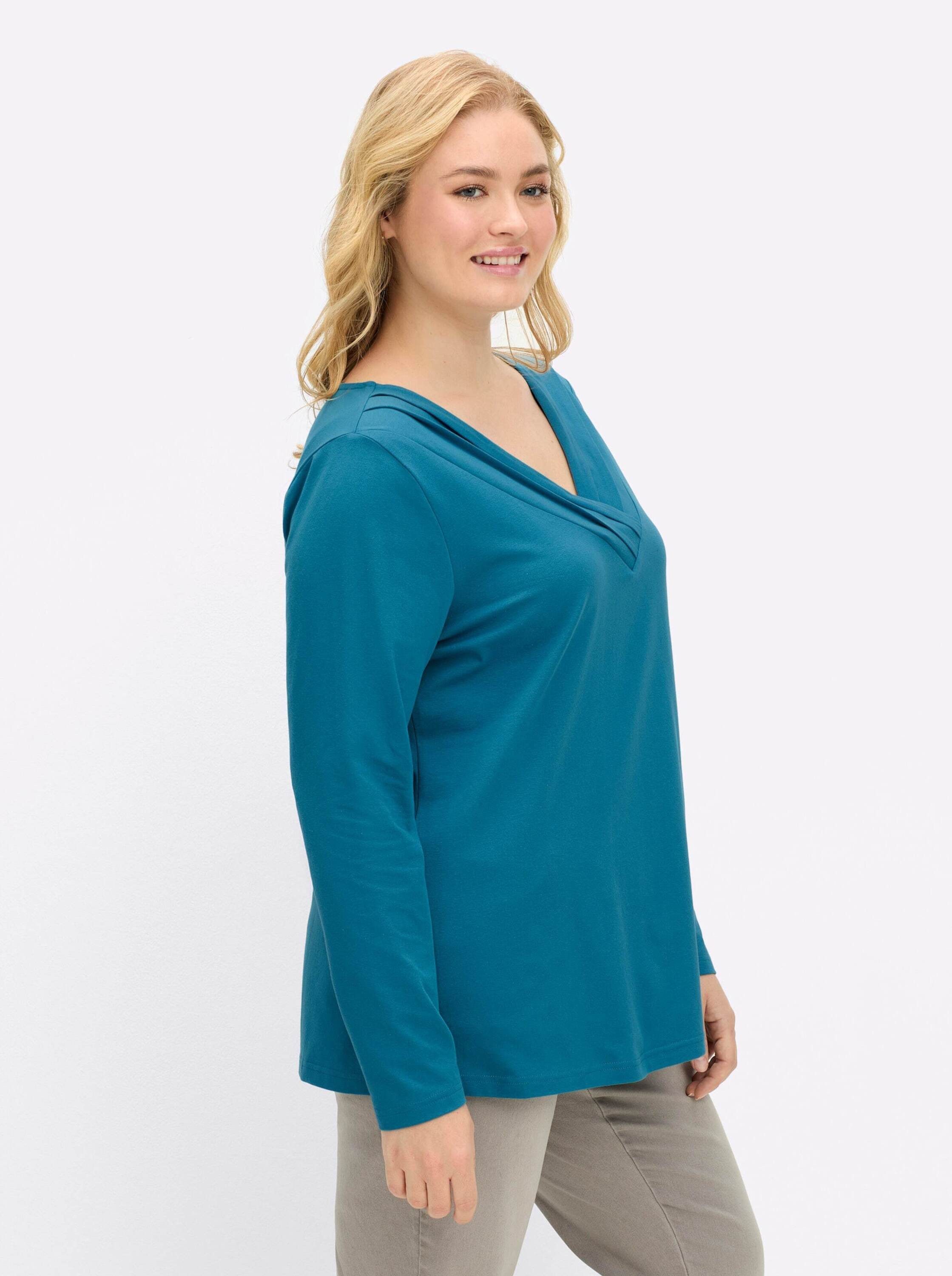 sheego by Joe Browns T-Shirt Langarmshirt Langarm mit Zierfalten am V-Ausschnitt, A-Linie