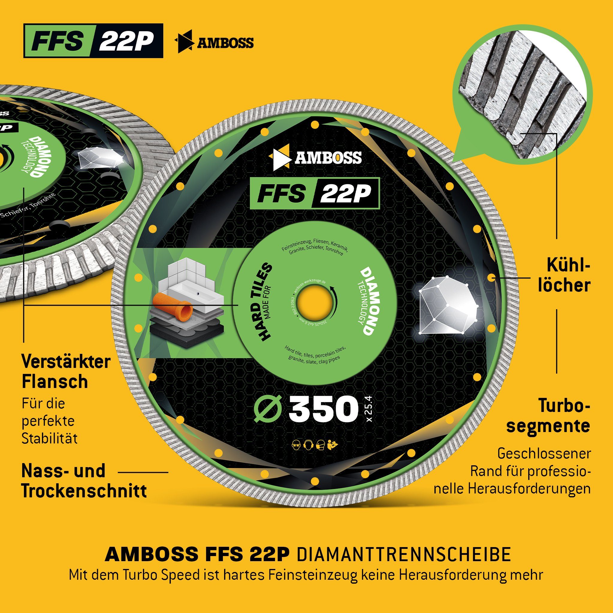 mm FFS 2.6 350 25.4, (Bohrung) mm 25.4 22P x Kreissägeblatt x Werkzeuge Diamant 2.6 Trennscheibe (Dicke) Amboss