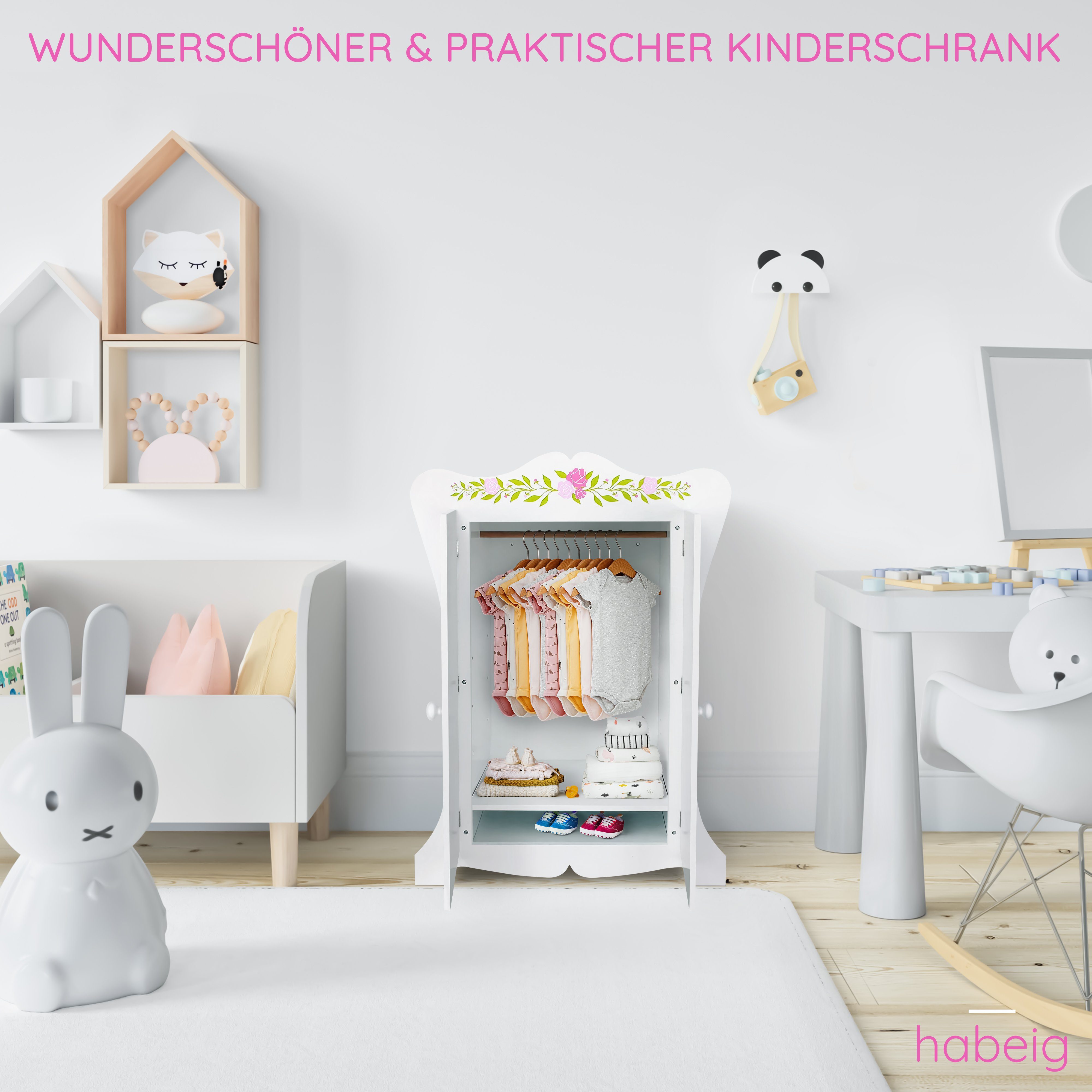 habeig Kleiderschrank Kinderschrank Kleiderschrank 70cm Wandschrank weiß Puppenschrank #355