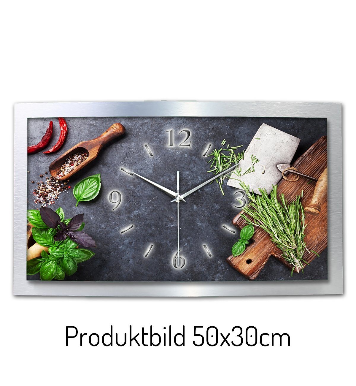 Kreative Feder Funkwanduhr 3D Designer-Wanduhr „Frische Kräuter“ aus gebürstetem Aluminium (3D-Wölbung; einzigartiges Zwei-Platten-Design; flüsterleises Uhrwerk)