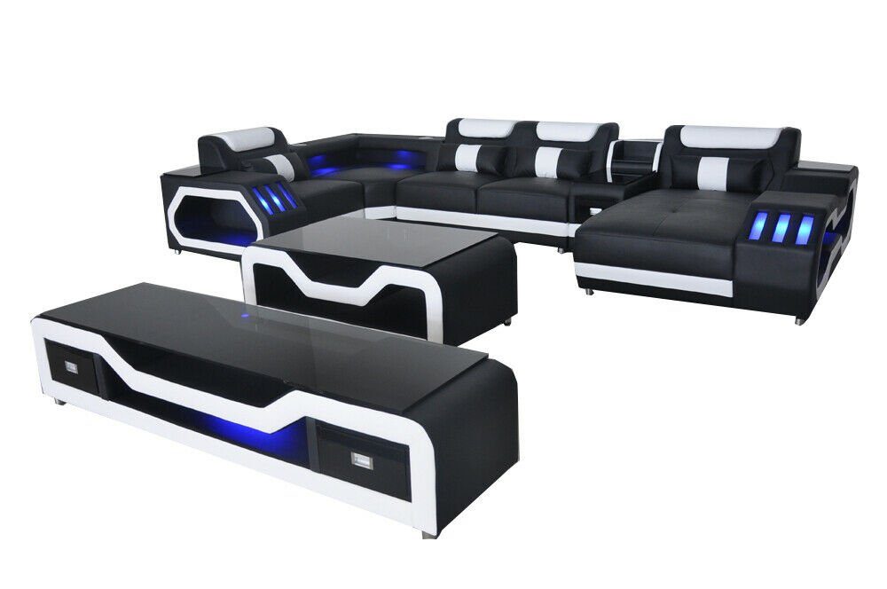 JVmoebel Ecksofa Leder Eck Garnitur Design Sofa Wohnlandschaft + Couch Tisch + RTV USB, 3 Teile Schwarz