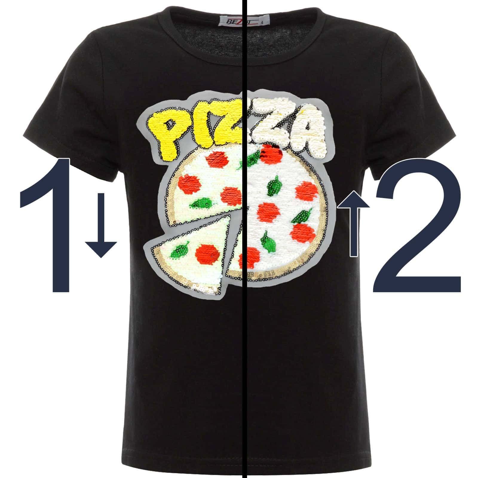 Motiv (1-tlg) Mädchen Paillettenshirt mit mit PIZZA Schwarz T-Shirt BEZLIT Pailletten Wendepailletten Wende