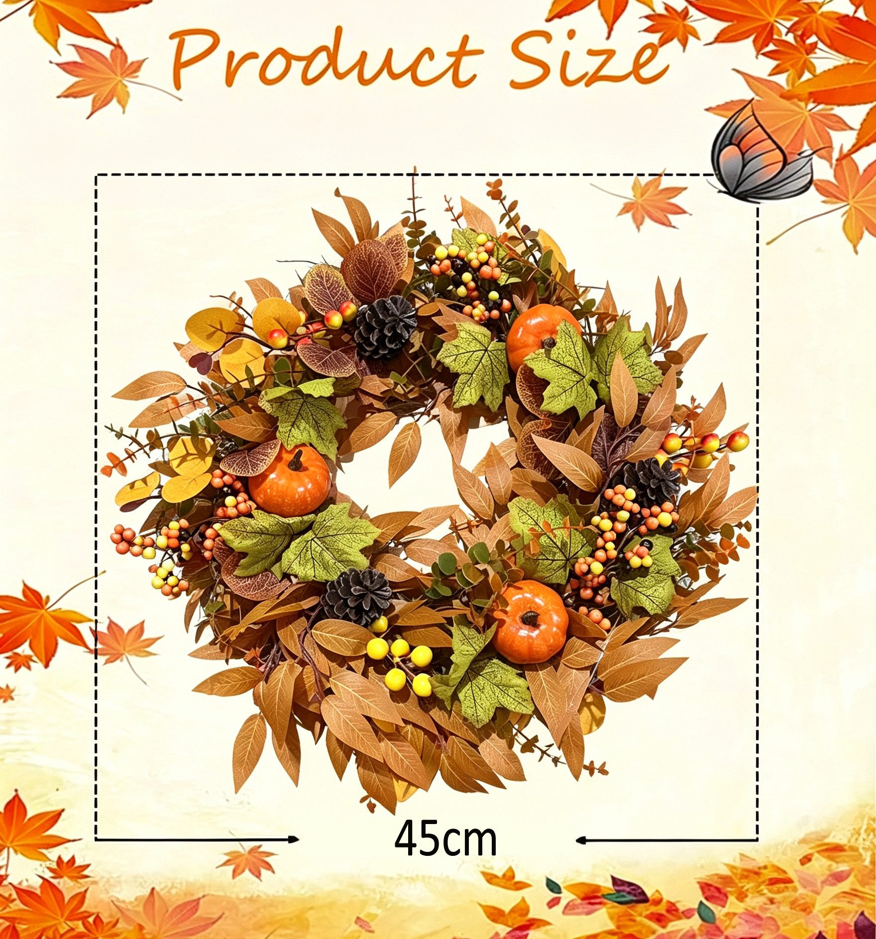 Diwzbyn Dekokranz 45cm Herbst-Beerenkranz, Herbstlicher Türkranz, Dekorativer Türkranz für Halloween, Thanksgiving und Erntedankfest – Bild 3 von 5