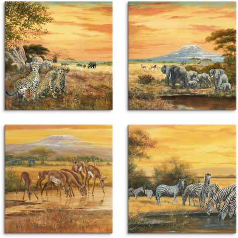 Artland Leinwandbild Geparden Elefanten Zebras in der Steppe, Wildtiere (4 St), 4er Set, verschiedene Größen