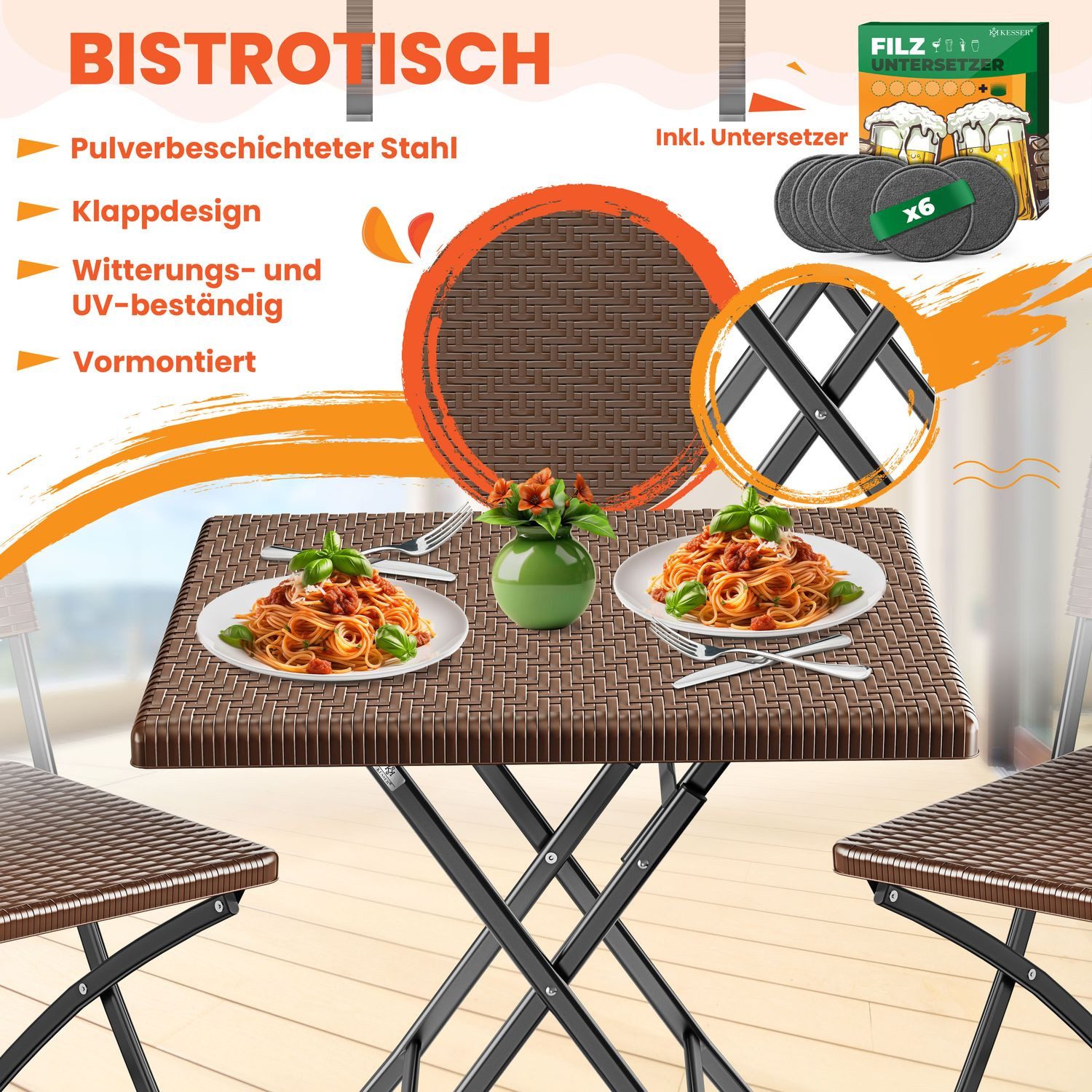 KESSER Bistrotisch Balkontisch klappbar (Gartentisch mit 6 Filz-Untersetzer günstig online kaufen