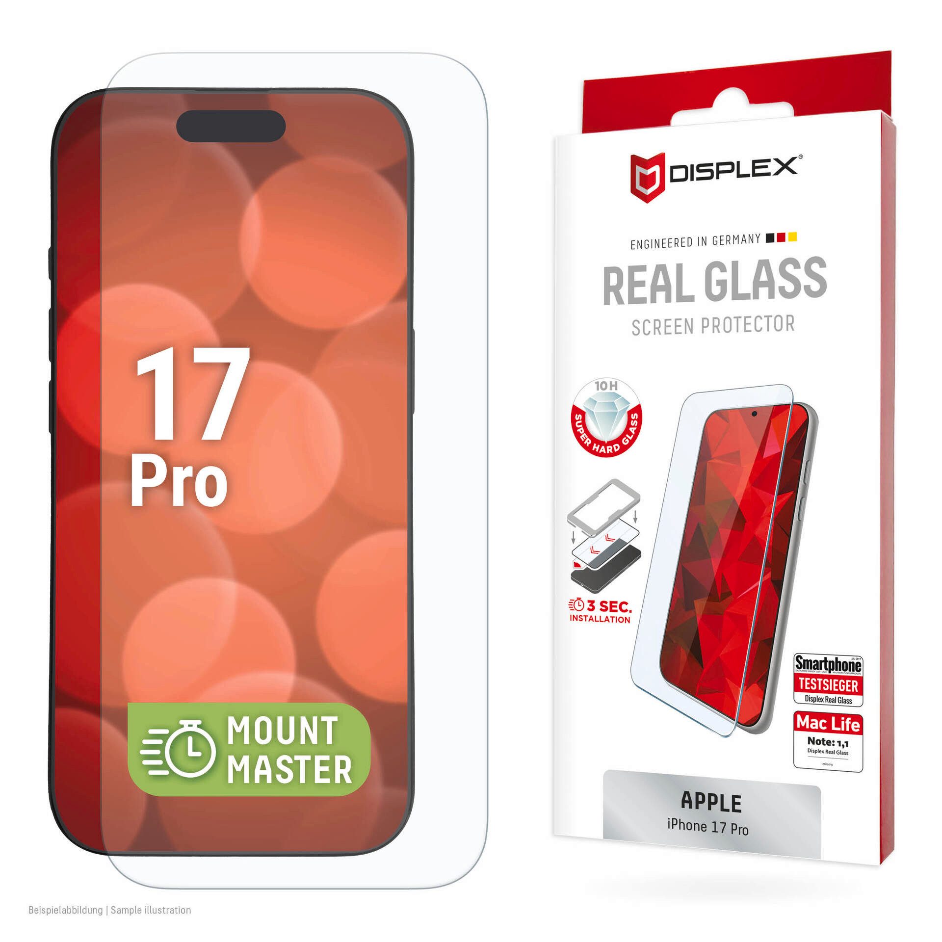 Displex Displayschutzglas Real Glass Screen Protector mit EASY-ON MountMaster für Apple iPhone 17 pro, Displayschutzfolie, Schutzfolie, Bildschirmschutz, kratz- & stoßfest