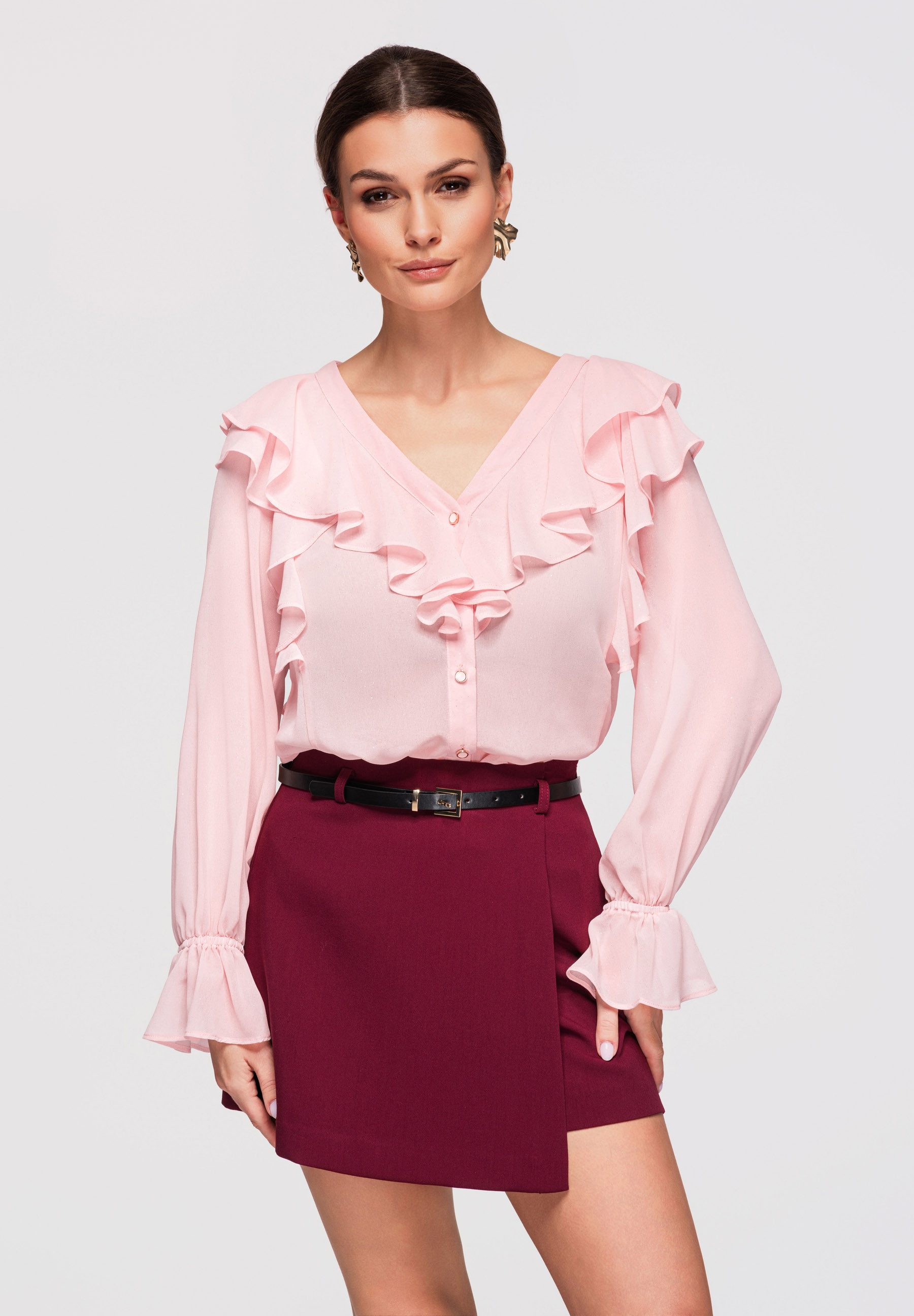 OMBRE Hemdbluse Damen Bluse Volant Romantisch Rose M (kein Set, 1-tlg) Volants an Dekolleté und Schultern