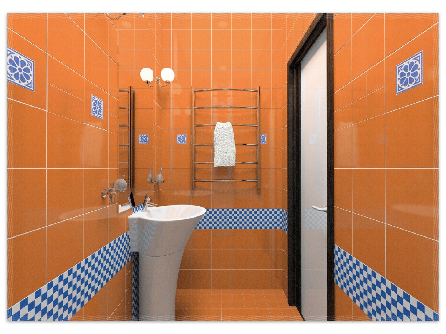 Teppich »Modernes Badezimmer in orange mit blauen Fliesen«, Wallario,  rechteckig, rutschfest