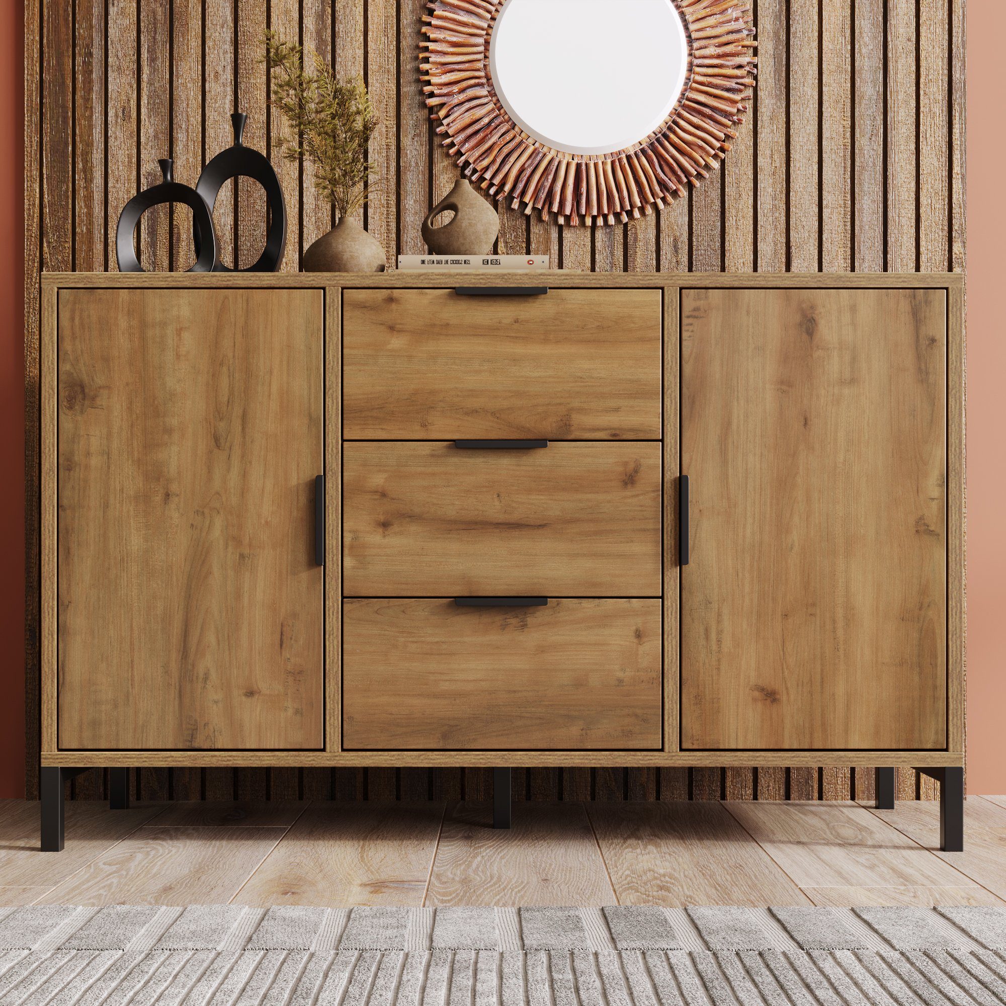 Flieks Kommode, Sideboard Schrank mit 3 Schubladen und 2 Türen 120x40x76cm