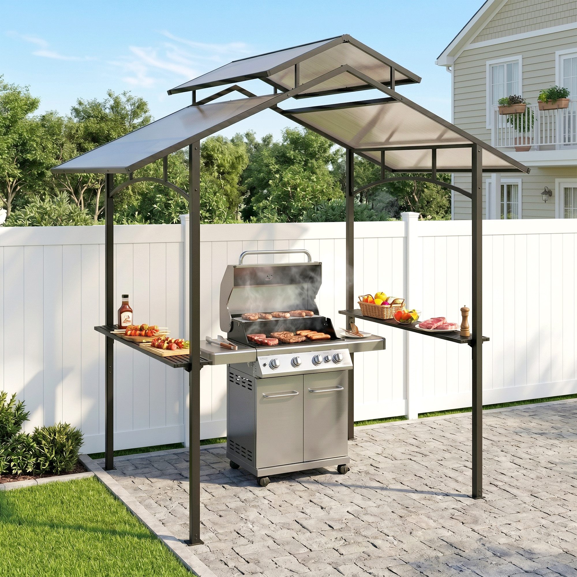 Outsunny Grillpavillon mit Flammschutzdach BBQ-Pavillon mit 2 Ablagen 2,5 x 1,5m Stahl, mit 4 Seitenteilen, (BBQ-Pavillon, Grillpavillon), für Garten, Balkon, Schwarz+Braun