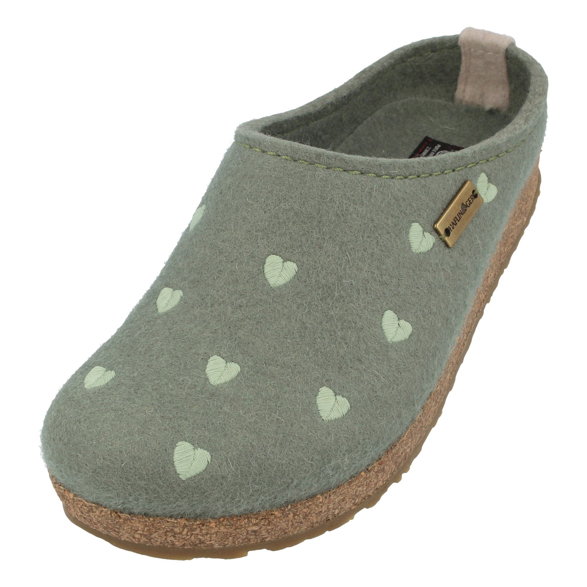 Haflinger Grizzly Cuoricino Filzclog aus reinem Wollfilz Unisex Herzmotiv Hausschuh