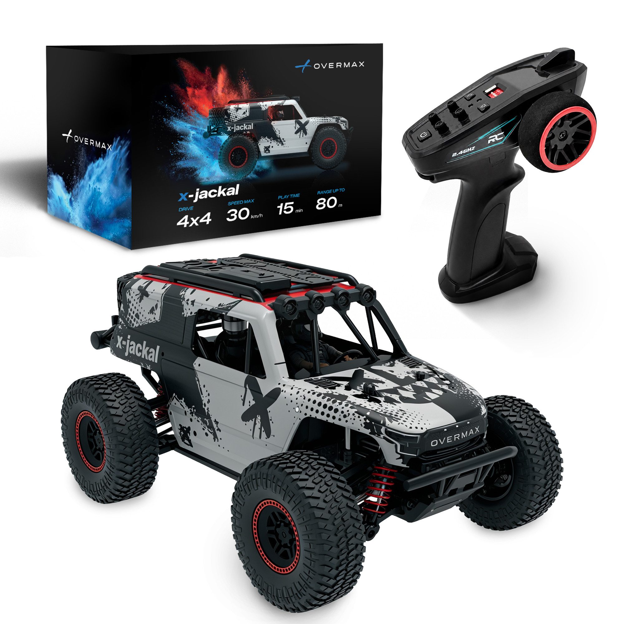 Overmax RC-Auto X-JACKAL (Set, Set: RC-Auto mit Akku, Controller, USB-Kabel, Werkzeug), 4x4/30 km/h/5-farbige LEDs/15 Min.