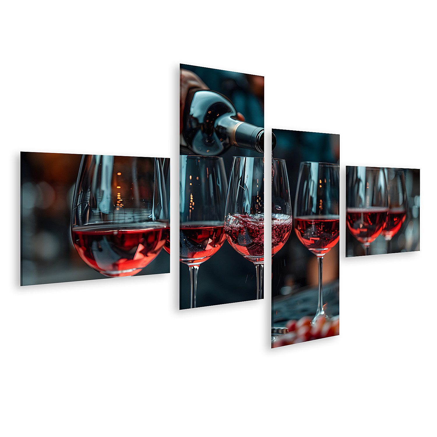 Leinwandbild Eine Person füllt eine Reihe Weingläser mit edlem Rotwein auf dem Wand