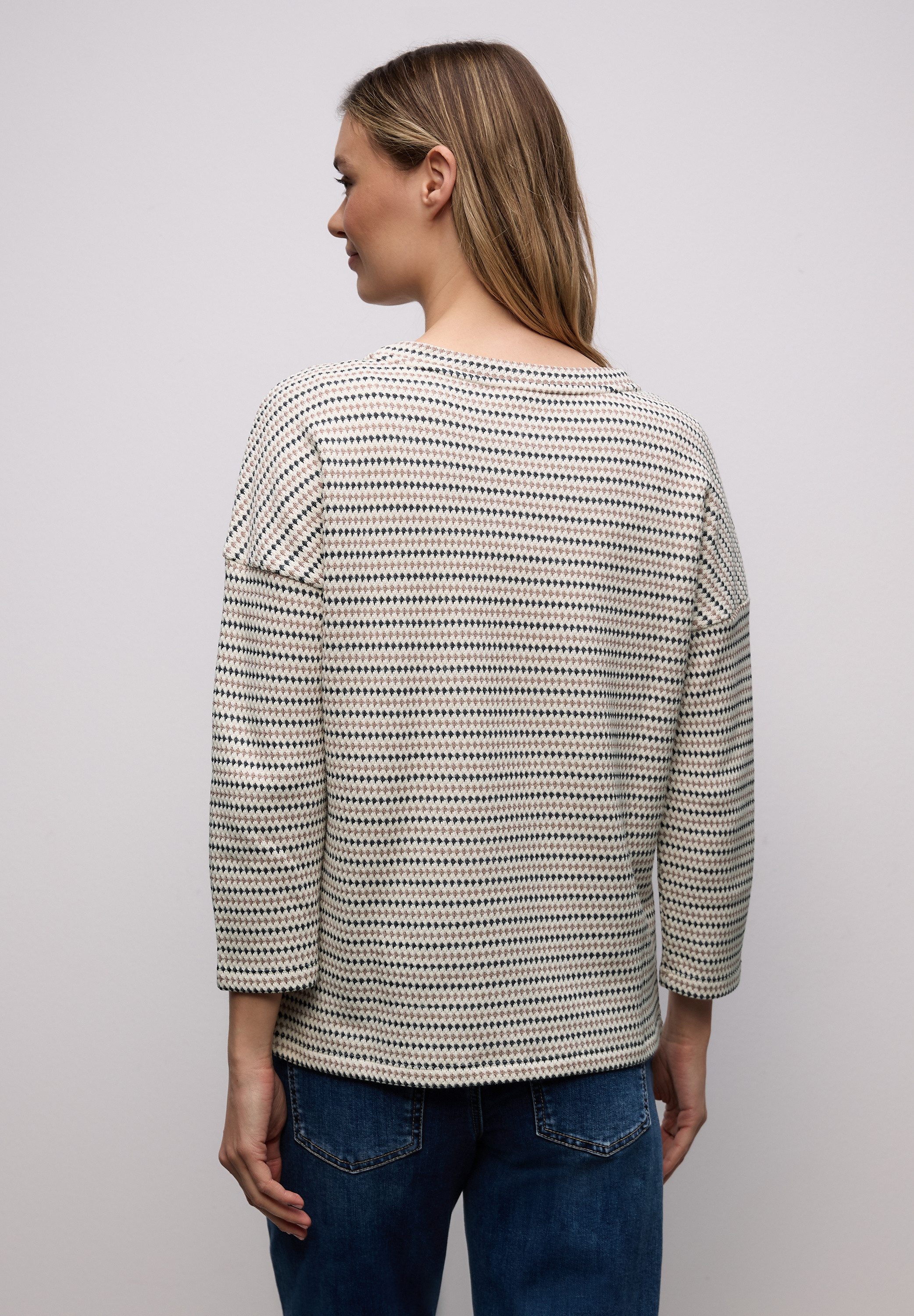 STREET ONE 3/4-Arm-Shirt mit gestreiften Strick-Look und U-Boot-Ausschnitt