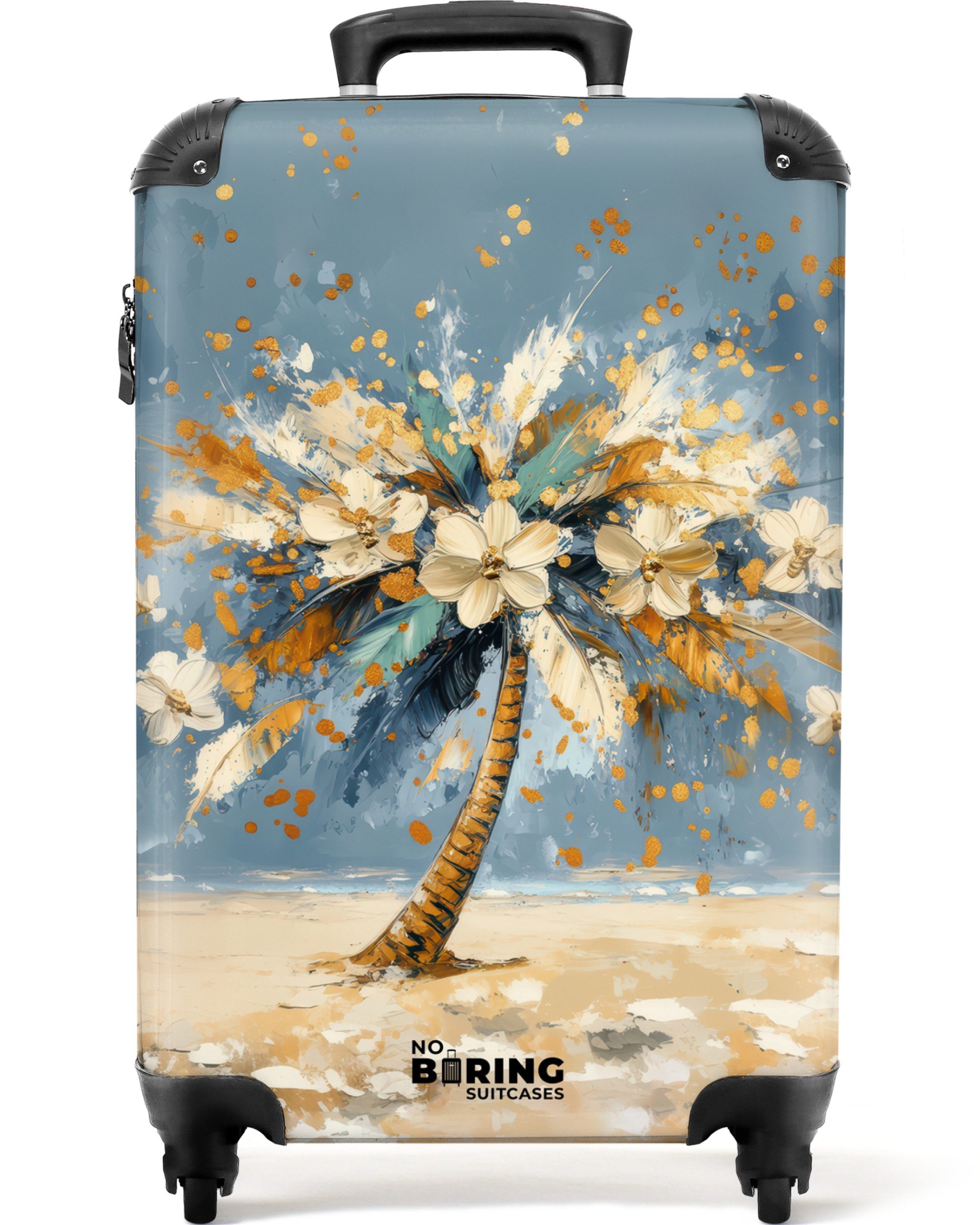 NoBoringSuitcases.com© Hartschalen-Trolley Tropische Palme mit weißen Blüten am Strand 55x35x20cm, Reisetasche mit Rollen, Koffer Handgepäck Flugzeug