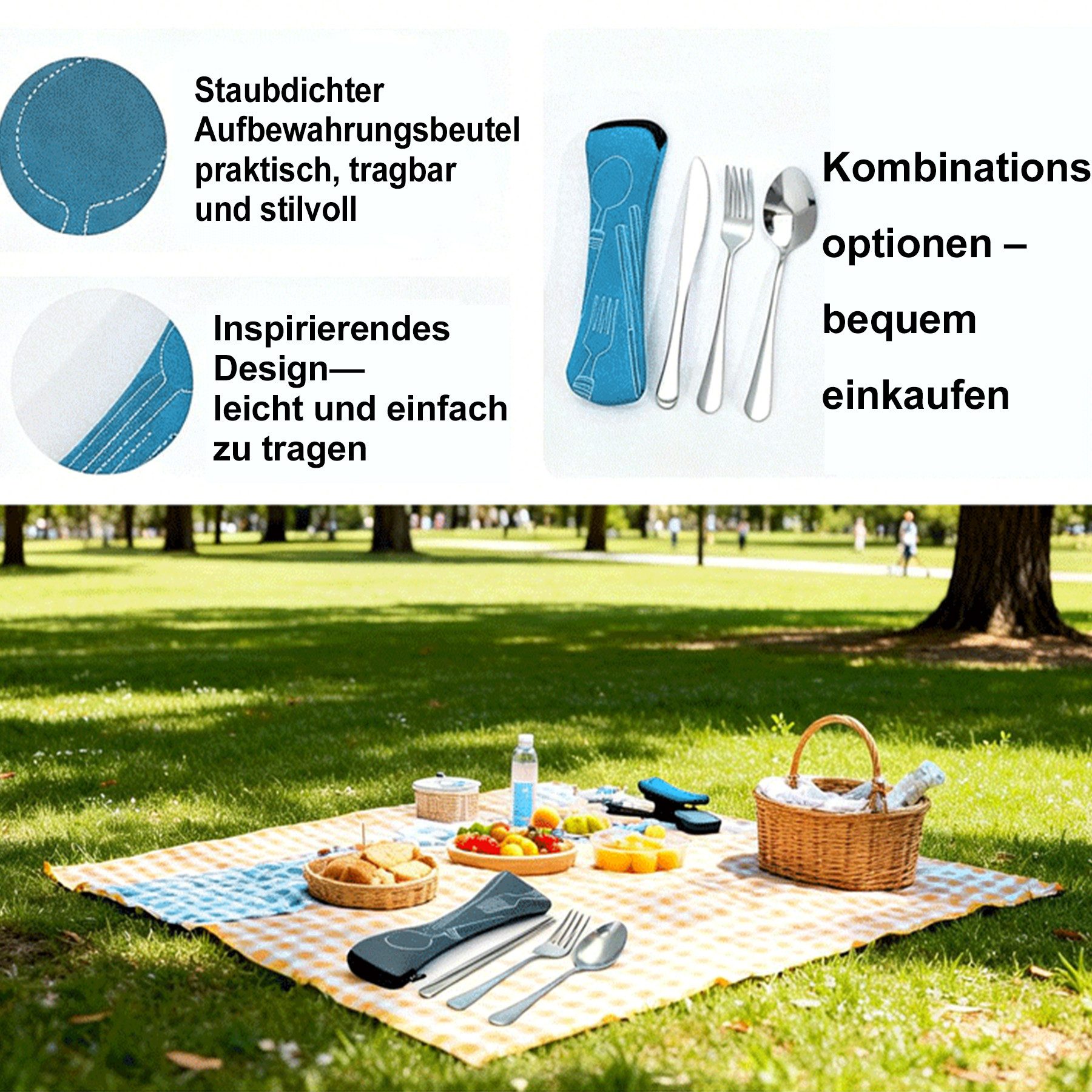 Mutig Besteck-Set 10 Stück Besteck-Set mit tragbarer Tasche, Edelstahl-Besteck, 2 Personen, Gabel Set Feldbesteck Messer für Outdoor, Reisen, Picknick, Schule