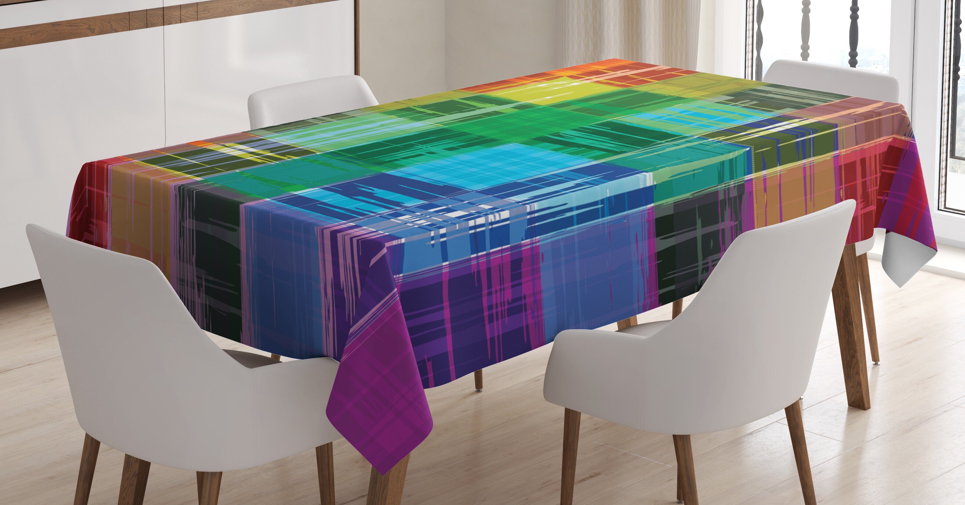 Abakuhaus Tischdecke Farbfest Waschbar Für den Außen Bereich geeignet Klare Farben, Jahrgang Rainbow Plaid-Kunst-Muster