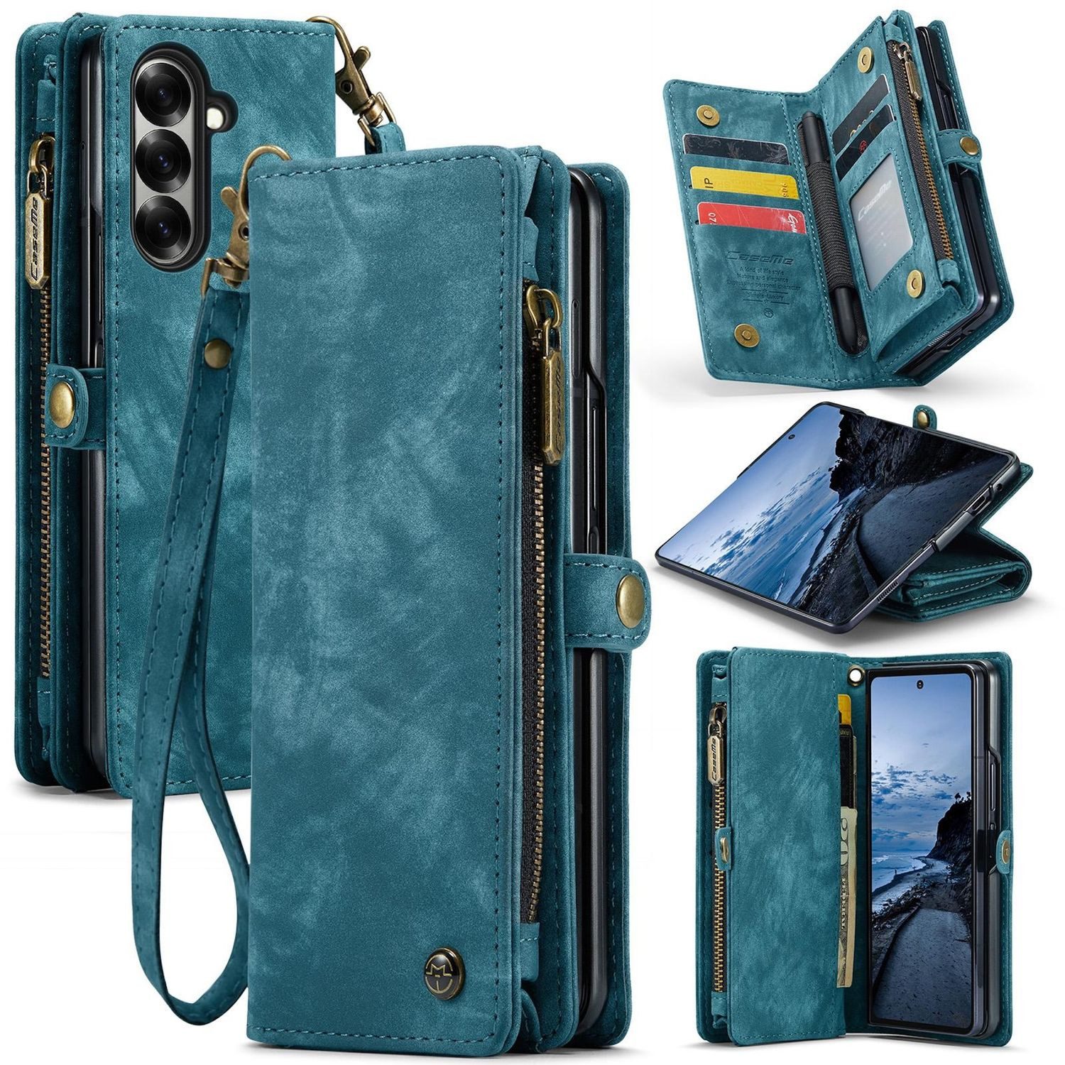 CaseMe Handyhülle Für Samsung Galaxy Z Fold7 5G Kunstleder 008 Multifunktion Hülle Blau, Kunstleder Schutz Tasche Smart Case Multifunktion