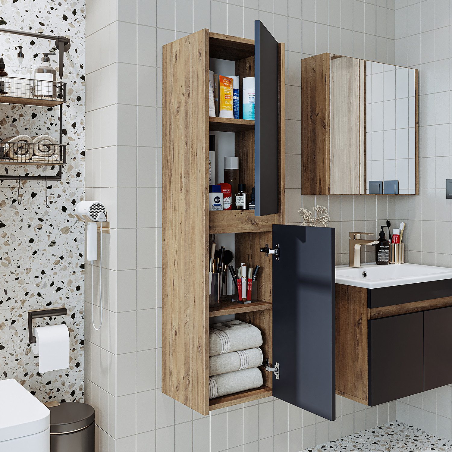 Roomart Badmöbel-Set Badezimmer Hochschrank 115 cm, 4 Fächer in 5 Farben mit Soft-Close, (Roomart, Badezimmermöbel, Hochschrank Badregal, in 5 Farben Badschrank – Bild 5 von 5