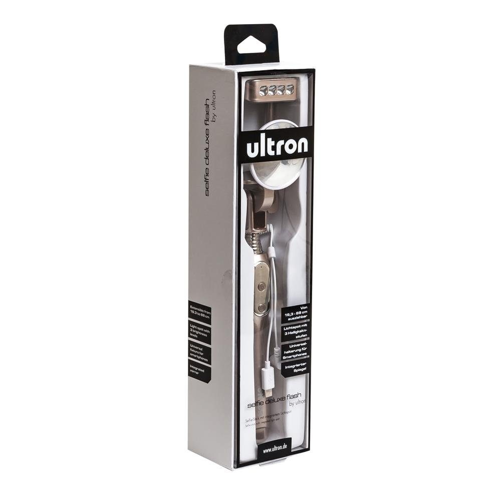Ultron selfie deluxe flash Selfiestick (88 cm, Selfie Stick, Spiegel, Lichtspot, 3 Stufen Kamera, Smartphone, Handy, Spot, mit Universalhalterung, gold)