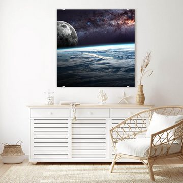 Primedeco Glasbild Wandbild Quadratisch Erde Mond und Sterne mit Aufhängung, Weltall