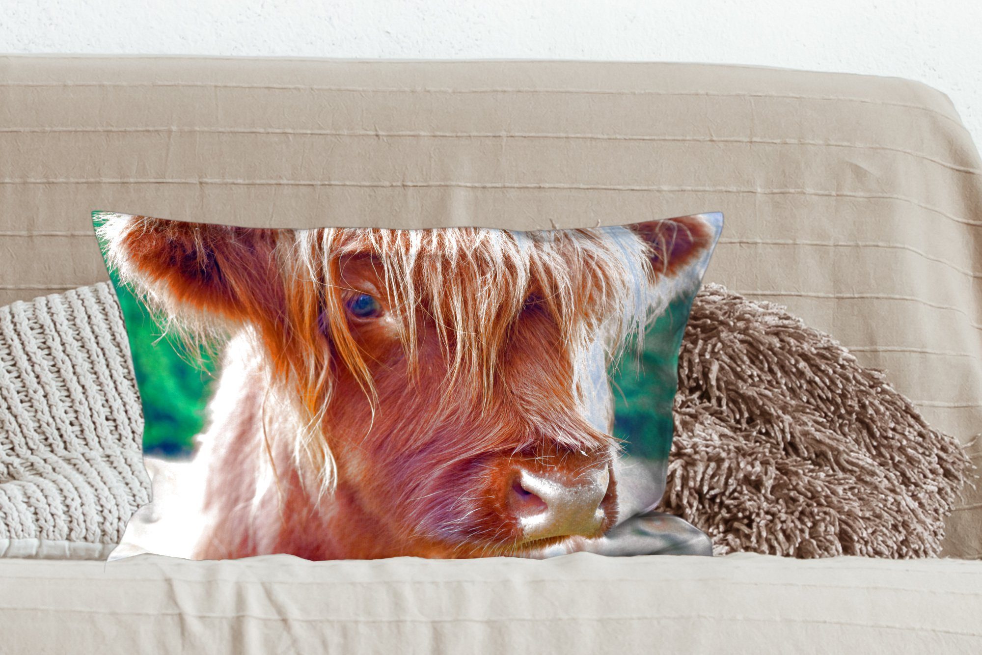 Dekokissen - Schlafzimmer Füllung, Schottischer - Wohzimmer Dekoration, Zierkissen, Dekokissen Kalb, mit Highlander Braun MuchoWow