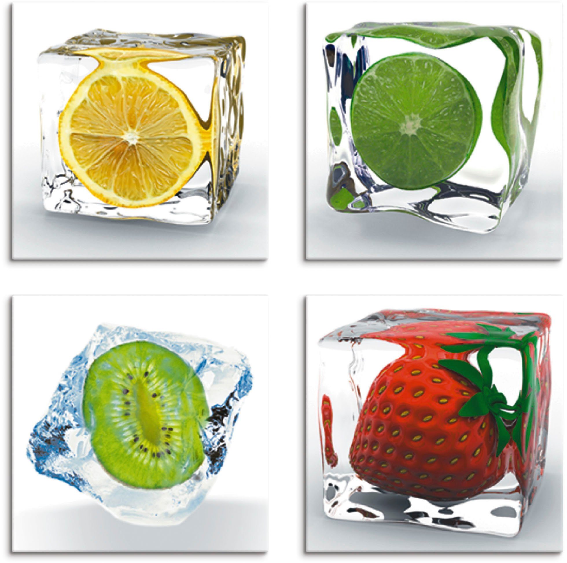 Artland Leinwandbild Früchte im Eiswürfel, Lebensmittel (4 St), 4er Set, verschiedene Größen | Leinwandbilder