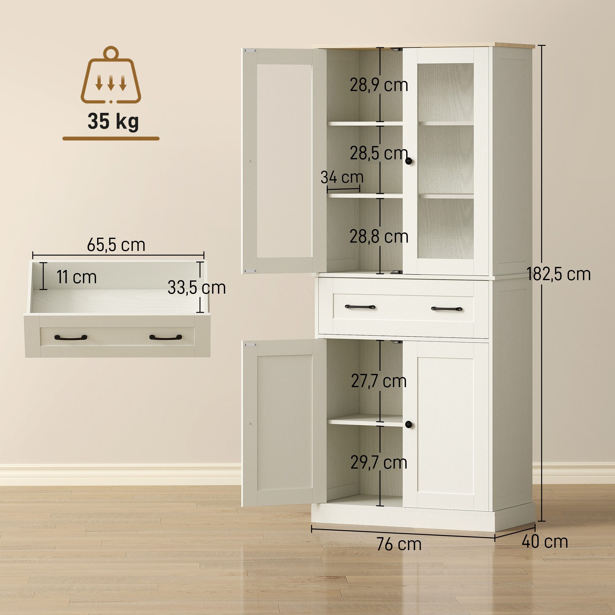 HOMCOM Hochschrank mit verstellbaren Regalboden (Buffetschrank, 1-St., Vorratsschrank) für Küche, Wohnzimmer, Esszimmer Cremeweiß, 76 x 40 x 182,5 cm – Bild 3 von 5