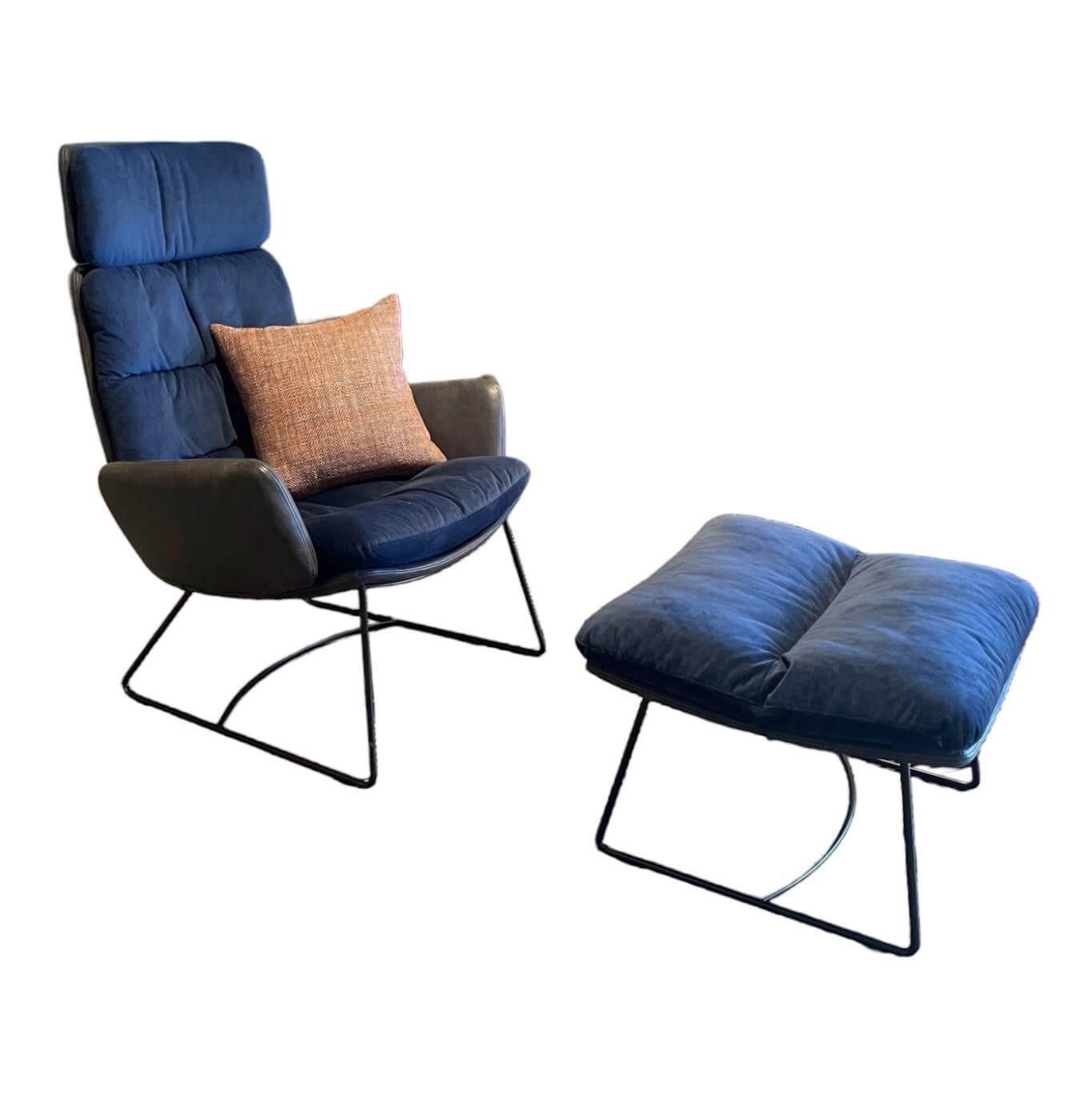 KFF Loungesessel Sessel Arva Lounge Stoff Seven Navy 49 Blau Rücken Leder mit Ottoman