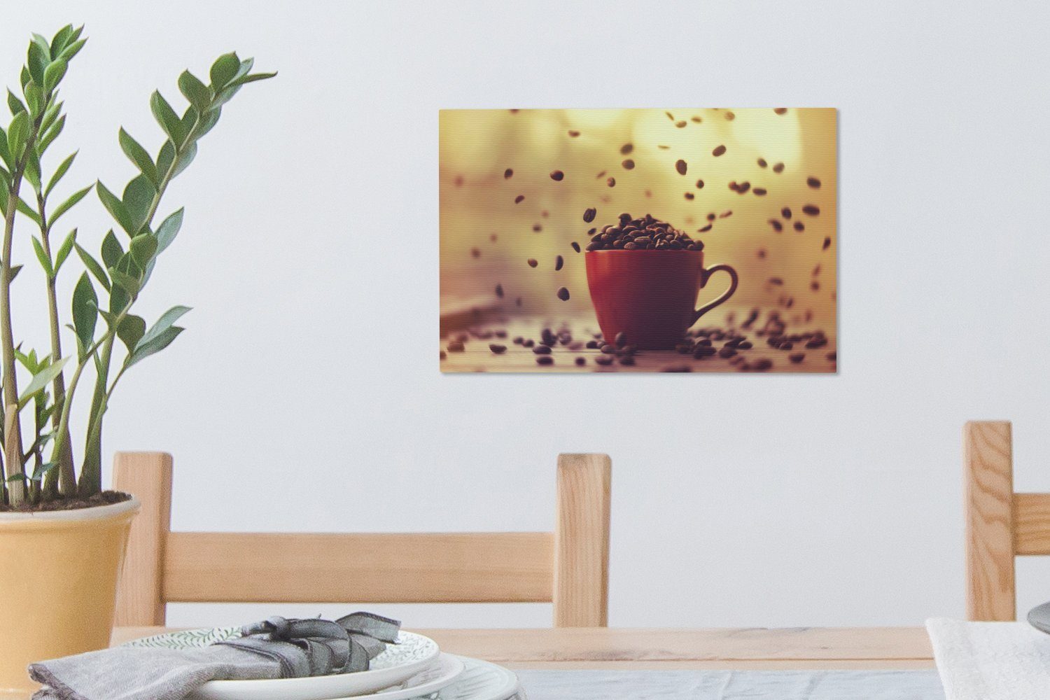 (1 30x20 Kaffeebohnen einer in St), cm OneMillionCanvasses® Fallende Wanddeko, Leinwandbilder, Kaffeetasse, Leinwandbild Aufhängefertig, Wandbild