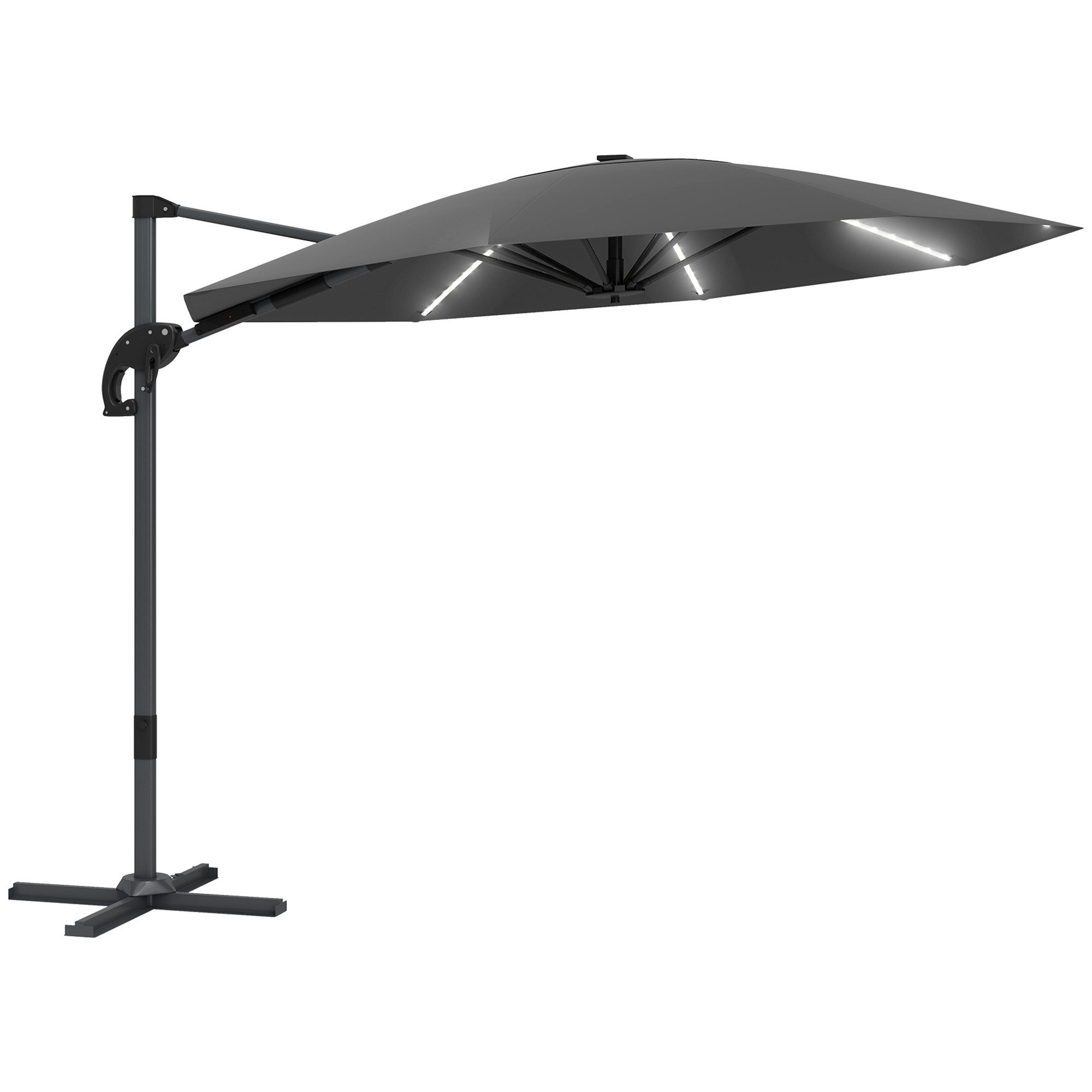 Outsunny Sonnenschirm mit Solar LED, Kurbel, Ständer, UV50+, 360° drehbar, LxB: 300x300 cm, Alu Ampelschirm, höhenverstellbar Marktschirm, Защита от солнца für Garten, Balkon, Dunkelgrau