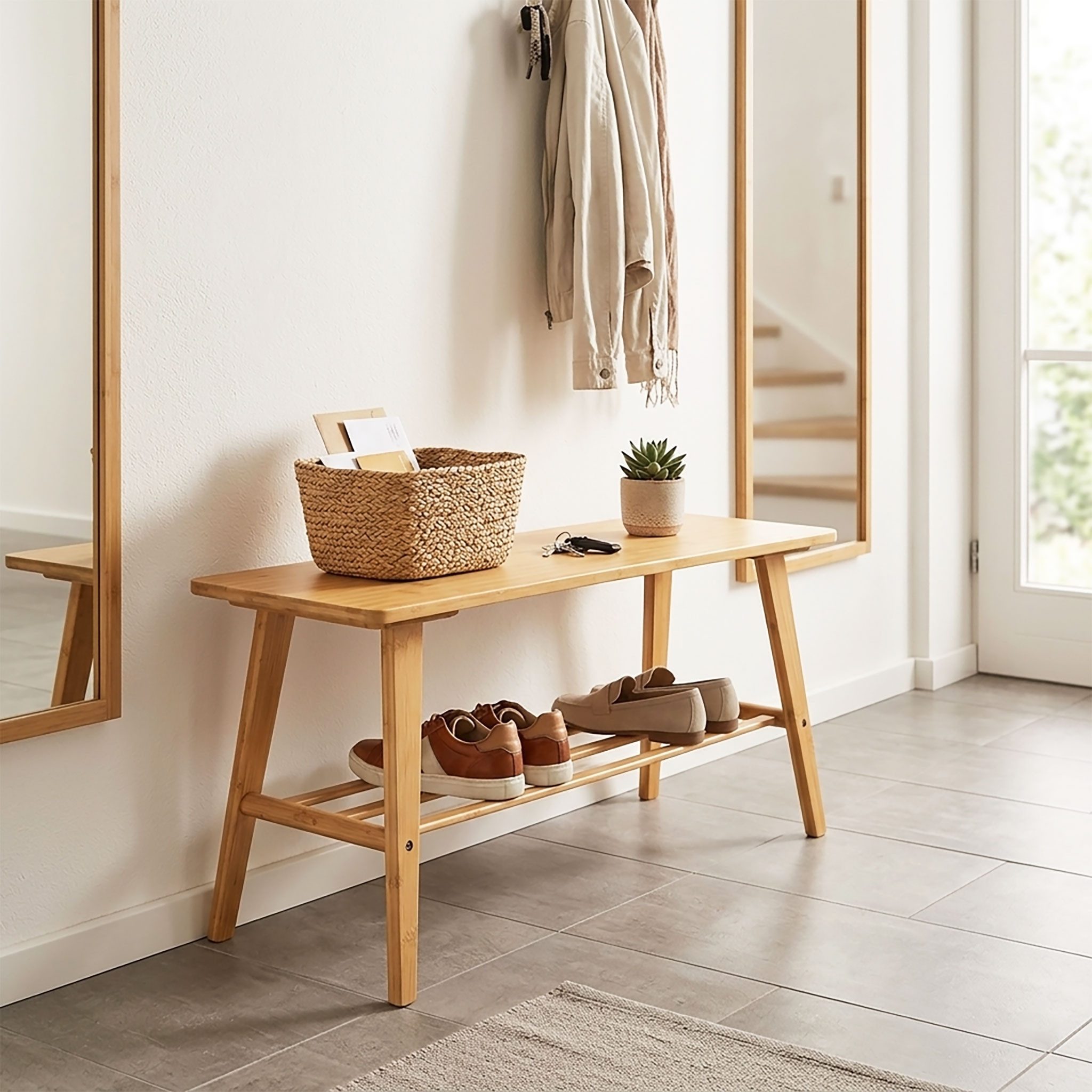 Spetebo Schuhbank Bambus Holz mit integrierter Ablage (80 x 40 cm, 1-St., belastbar bis ca. 150 kg), Massivholz Sitzbank mit Schuhablage – Bild 5 von 5