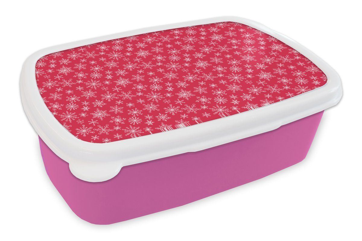 MuchoWow Lunchbox Schneeflocke - Rot - Weiß - Design, Kunststoff, (2-tlg), Brotbox für Erwachsene, Brotdose Kinder, Snackbox, Mädchen, Kunststoff rosa