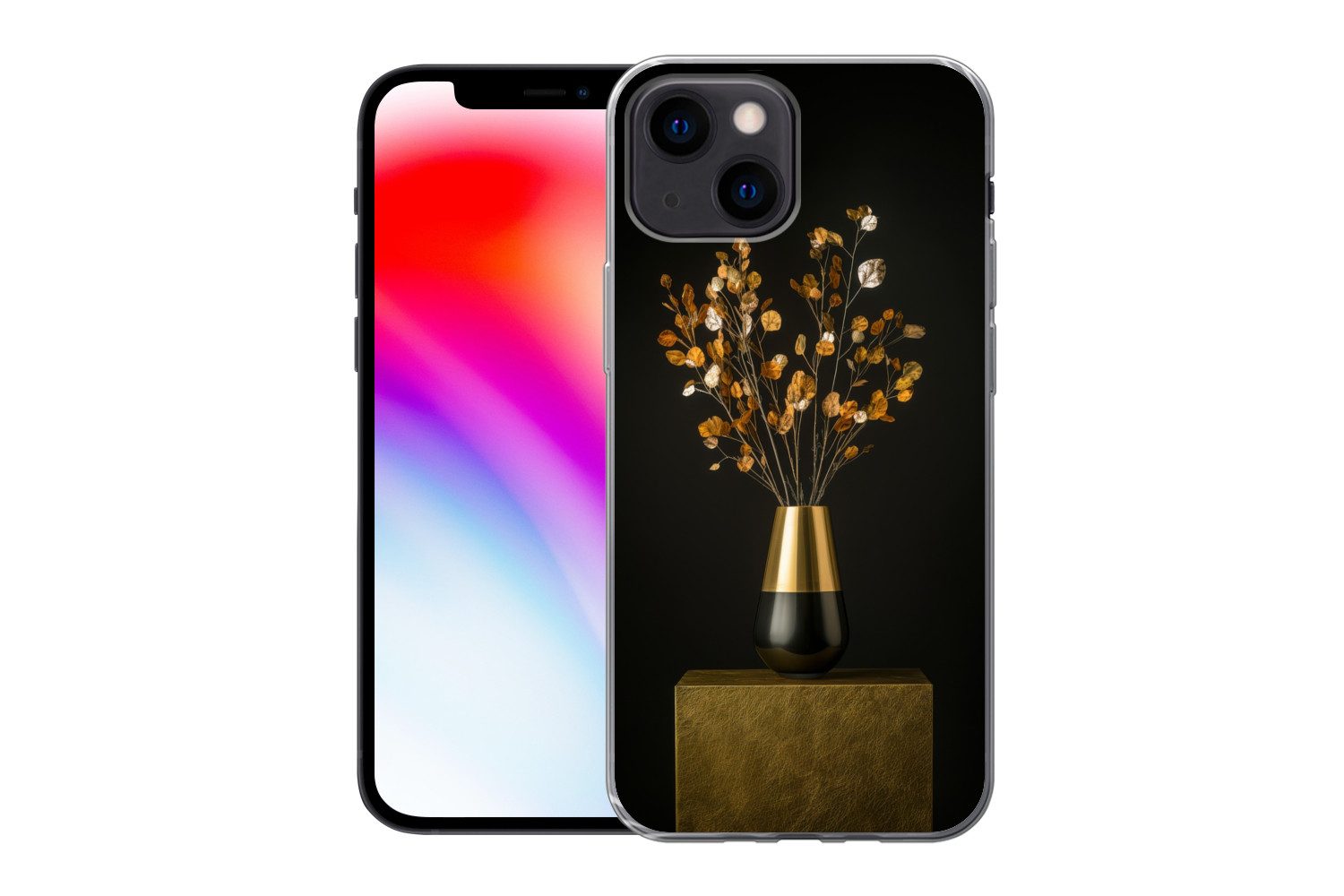 MuchoWow Handyhülle für Apple iPhone 13 mini Goldbraun - Blätter - Vase - Herbstlich, Smartphone-Bumper, Print, Handy Schutzhülle Dünn
