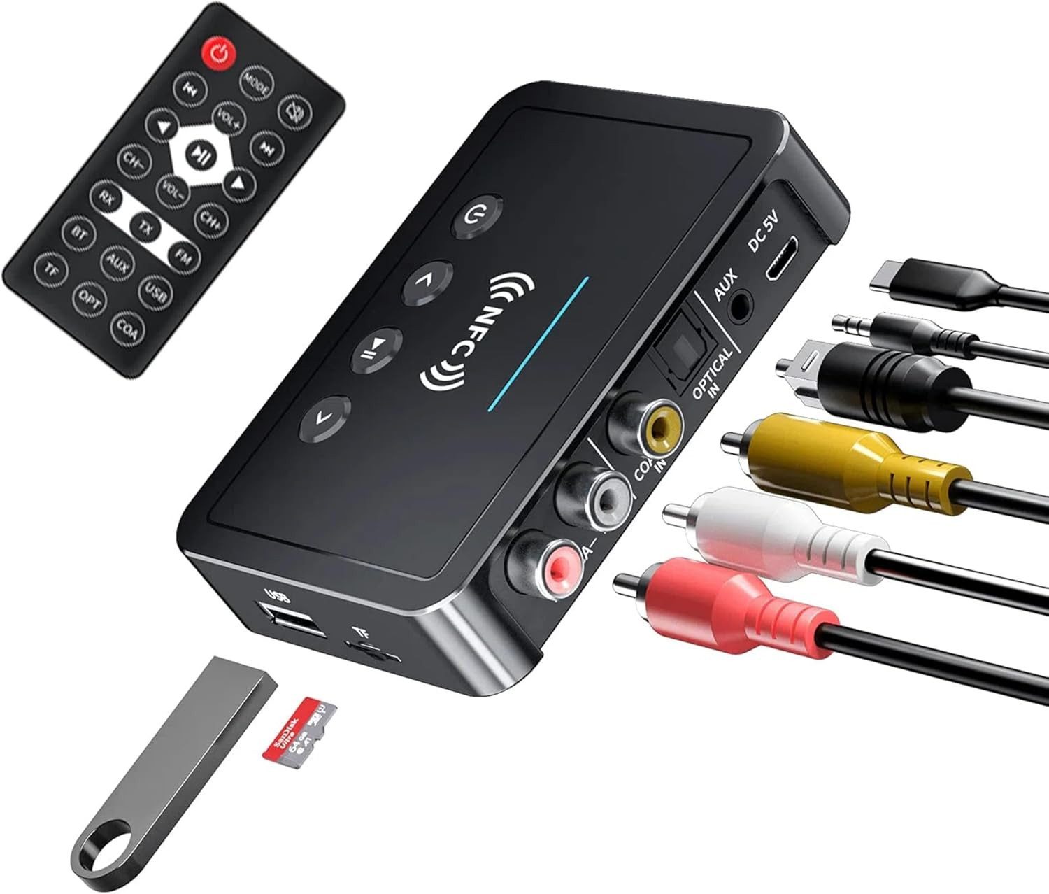 Tekoo Bluetooth 5.4 Audio Adapter Sender & Empfänger, Optisch, NFC, LED Bluetooth-Adapter 3,5 mm Klinkenstecker, Cinch-Stecker, Micro-USB zu 3,5 mm Klinkenbuchse, Cinch-Buchse, Toslink-Buchse (Optisch), Koaxial-Buchse, USB-Port Typ A, 3-in-1 Funktion: TX / RX / FM-Transmitter, Mit NFC und Fernbedienung