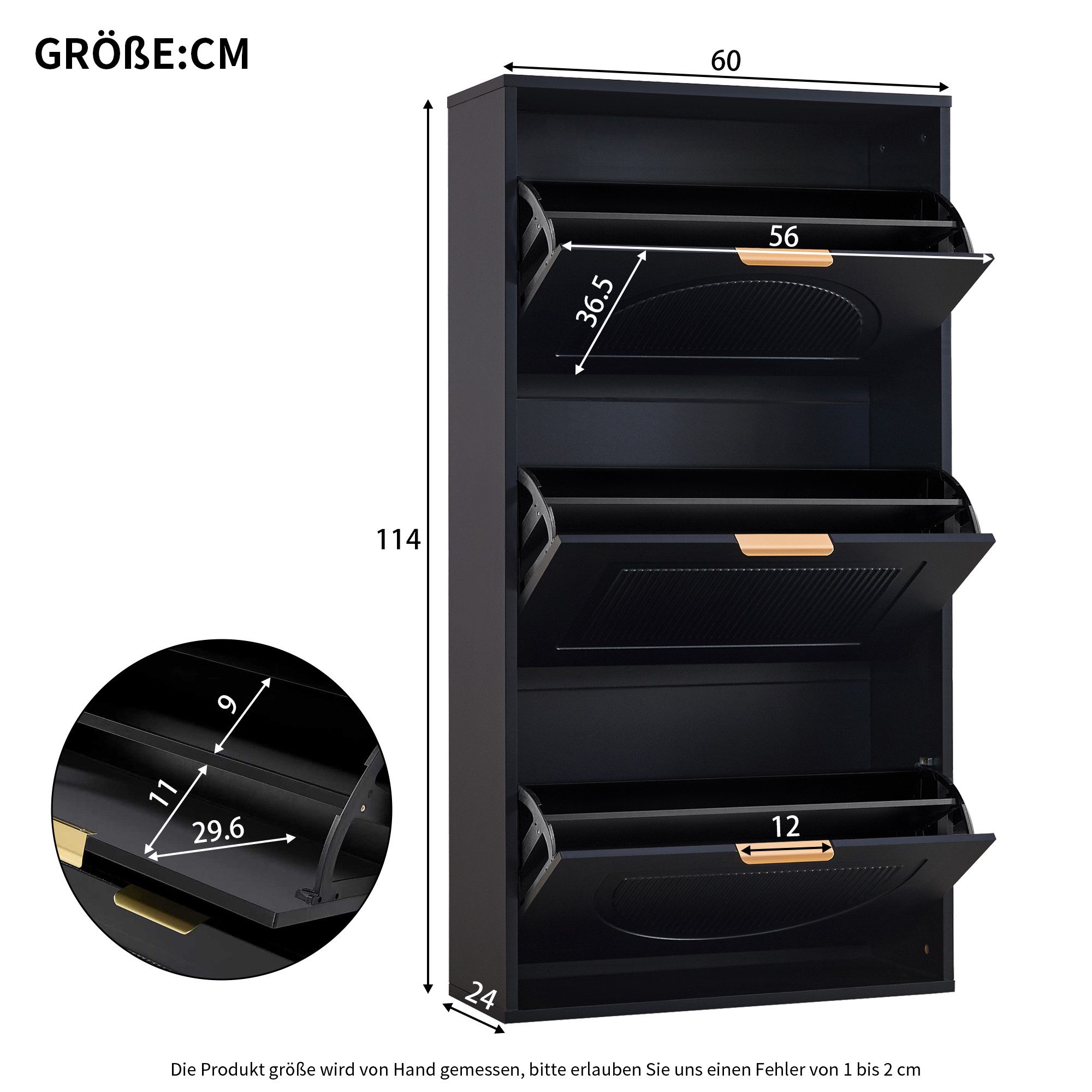 Flieks Schuhschrank (B60/T24/H114 cm, 1-St., ca 12 Paar Schuhe) Schuhregal mit 3 Klappen Schuhkipper Schuhkommode Schwarz – Bild 5 von 5