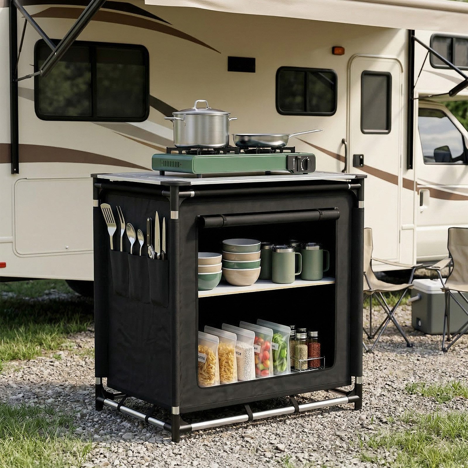 Sekey Campingschrank Faltbar Campingküche mit Aluminiumgestell und Aluminium-Arbeitsplatte Campingtisch mit 2 Fächern, leicht transportierbarer Reiseküche – Bild 4 von 5