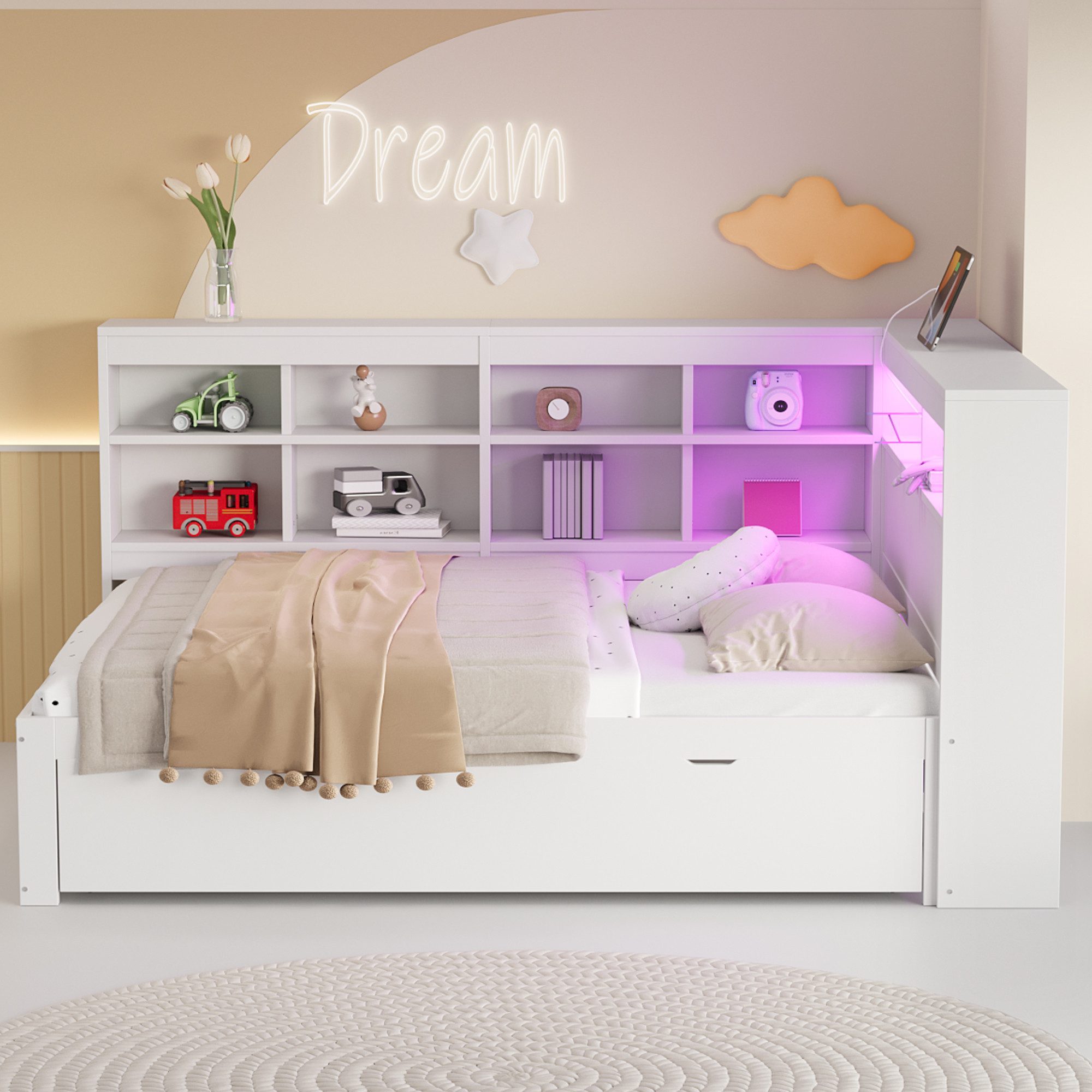 REDOM Stauraumbett mit USB-Steckdose und LED-Beleuchtung, mit Regalen und A günstig online kaufen