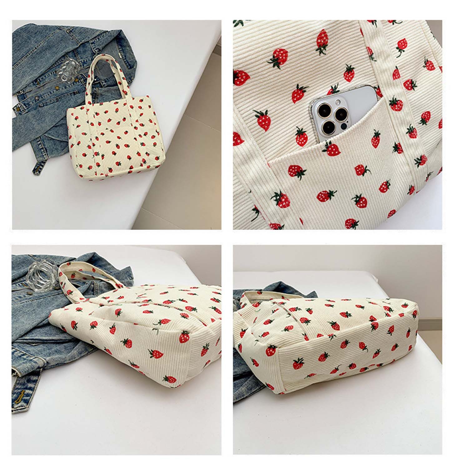 Zaewry Schultertasche Cord-Tragetasche, Süße Erdbeer-tragetaschen Für Damen