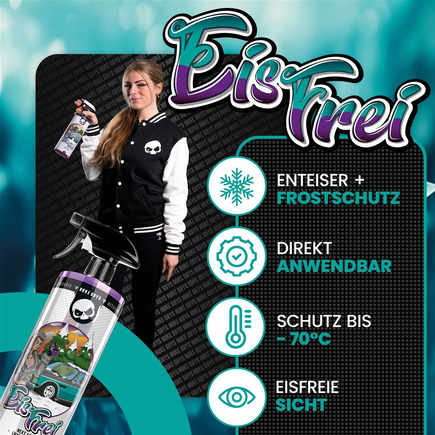 Nuke Guys Scheibenfrostschutz Enteiserspray Auto Scheibenenteiser Nuke Guys EisFrei 1L, bis -70 °C, 1 l, Klare Sicht im Winter ohne Scheiben Kratzen