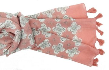 Ella Jonte Modeschal, breiter Damenschal rosa weiß Boho Ibiza Style mit Blumen und Quasten