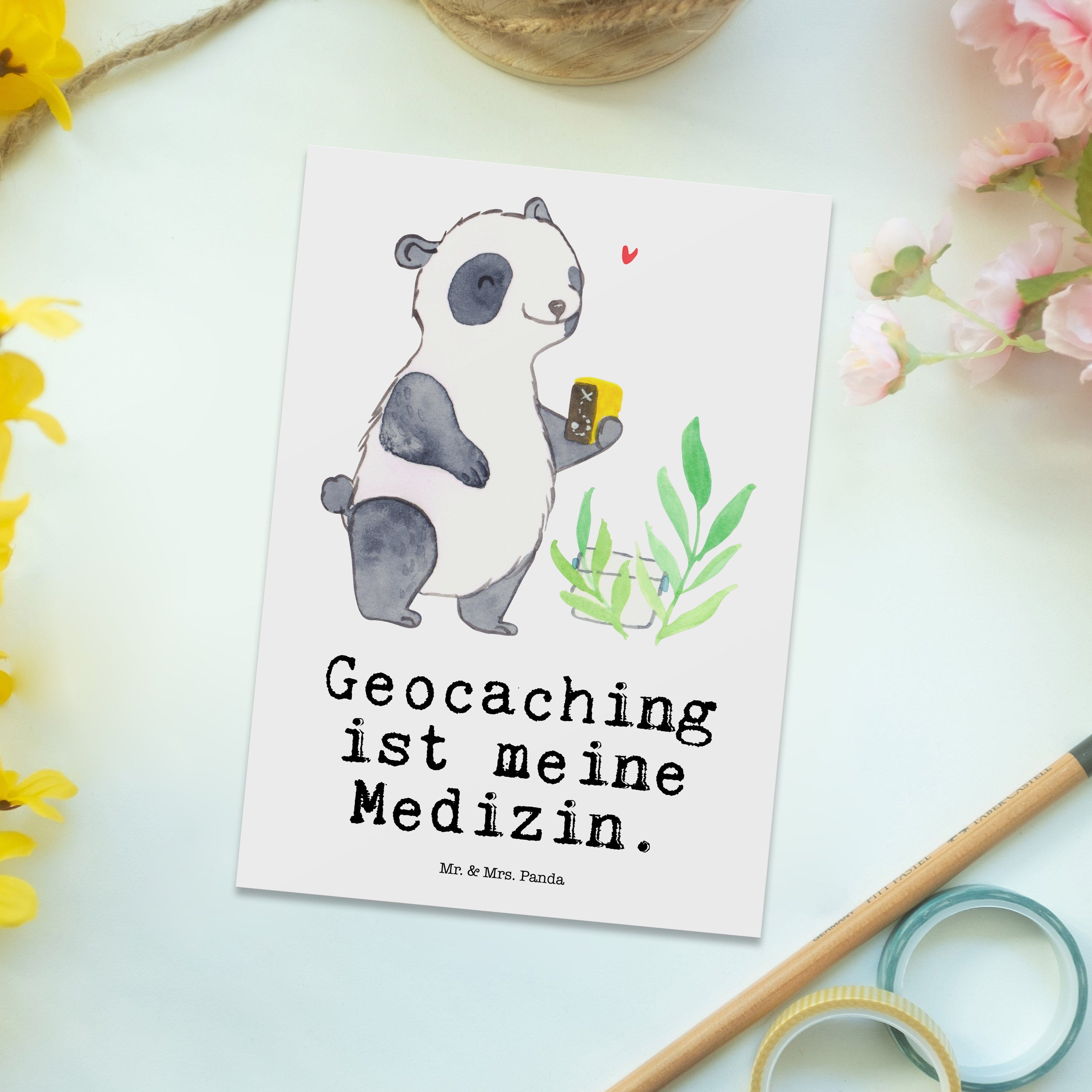 Mr. & Mrs. Panda Postkarte Panda Geocaching, Postkarte, Weiß, Geocaching, GPS Schnitzeljagd, Gru, Ansichtskarten Schatzsuchen Grußkarte