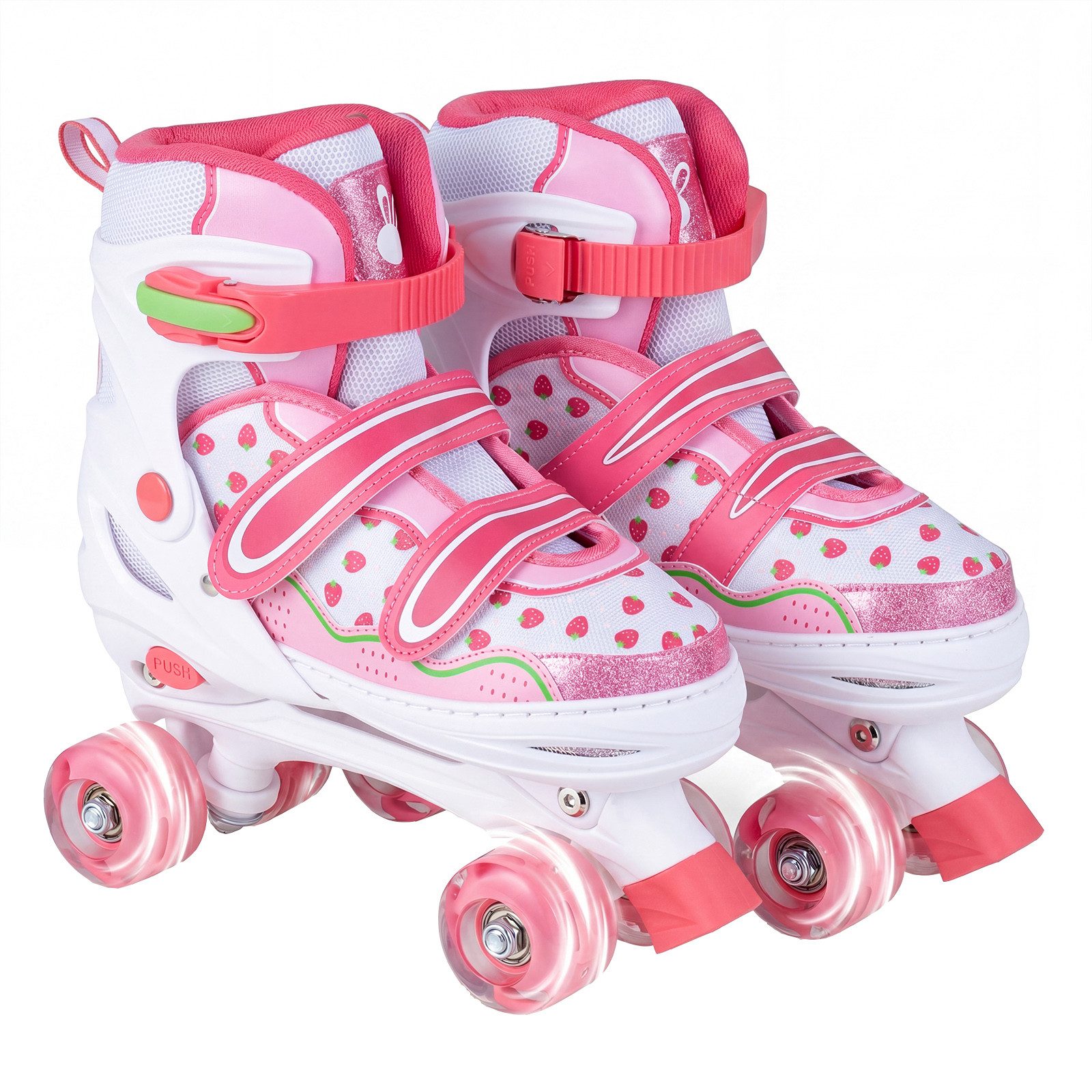 COSTWAY Rollschuhe, Erdbeere Quad Skates mit 4 Größen Verstellbar & LED Rädern