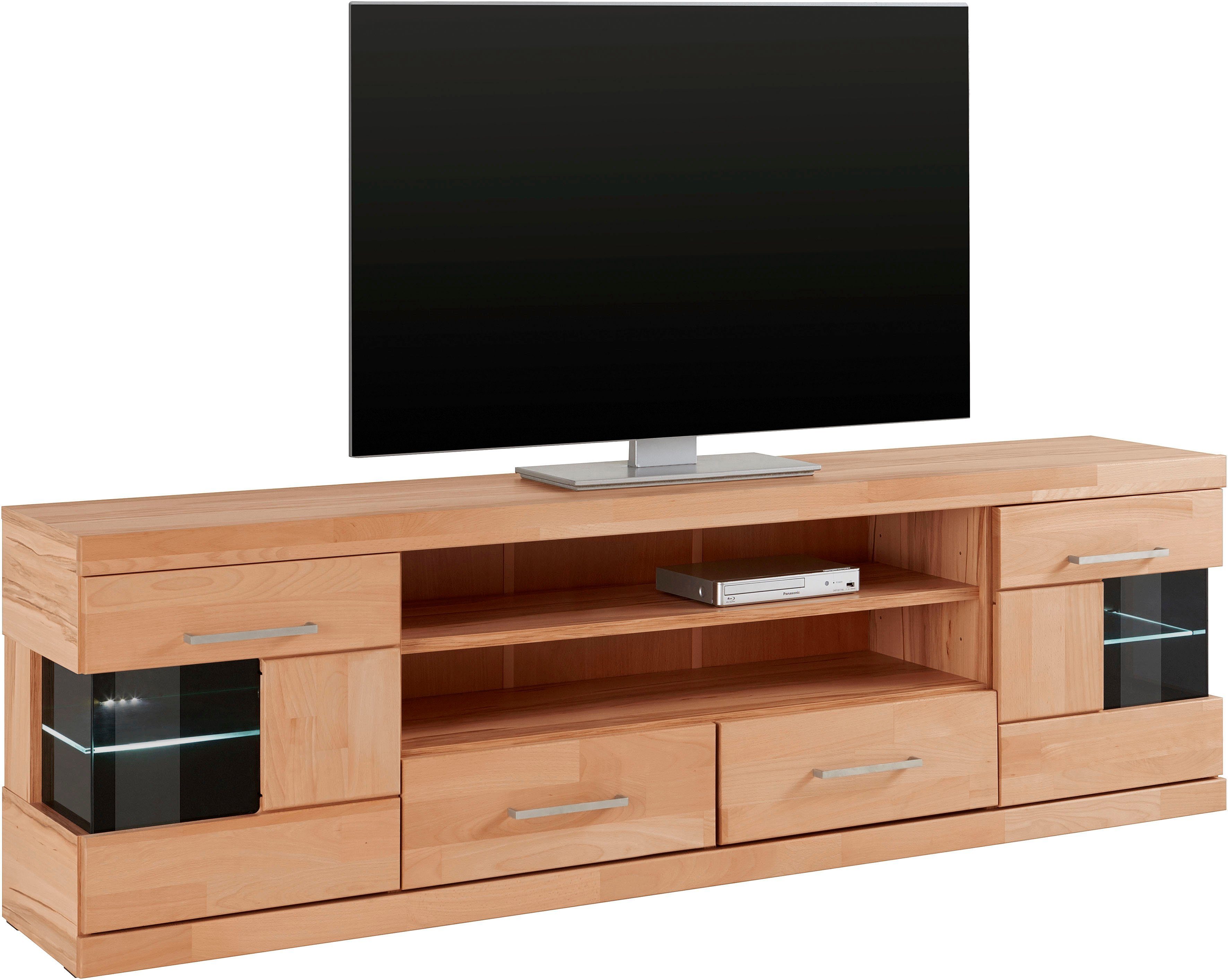 OTTO home Lowboard Ribe,180cm breit, Fronten Massivholz,6 Fächer,Kabeldurchführung, Korpus Holzwerkstoff,Glaseinsatz aus gehärtetem Glas,Böden versetzbar