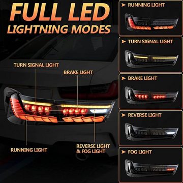 LLCTOOLS Rückleuchte Hell leuchtende LED Rückleuchte mit E-Prüfzeichen passend für BMW, 3er G20, G28, G80 (2018-2022), Rücklicht, Bremslicht, Nebelschlussleuchte, Blinklicht und Rückfahrlicht, LED fest integriert, Voll LED, Dynamischer Blinker, Mit Lichtanimation beim Entriegeln des Fahrzeugs